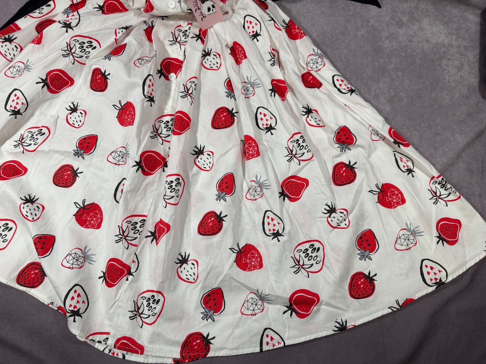Unique Vintage MEDIUM White Strawberry Dress Retro Collared Tie Button