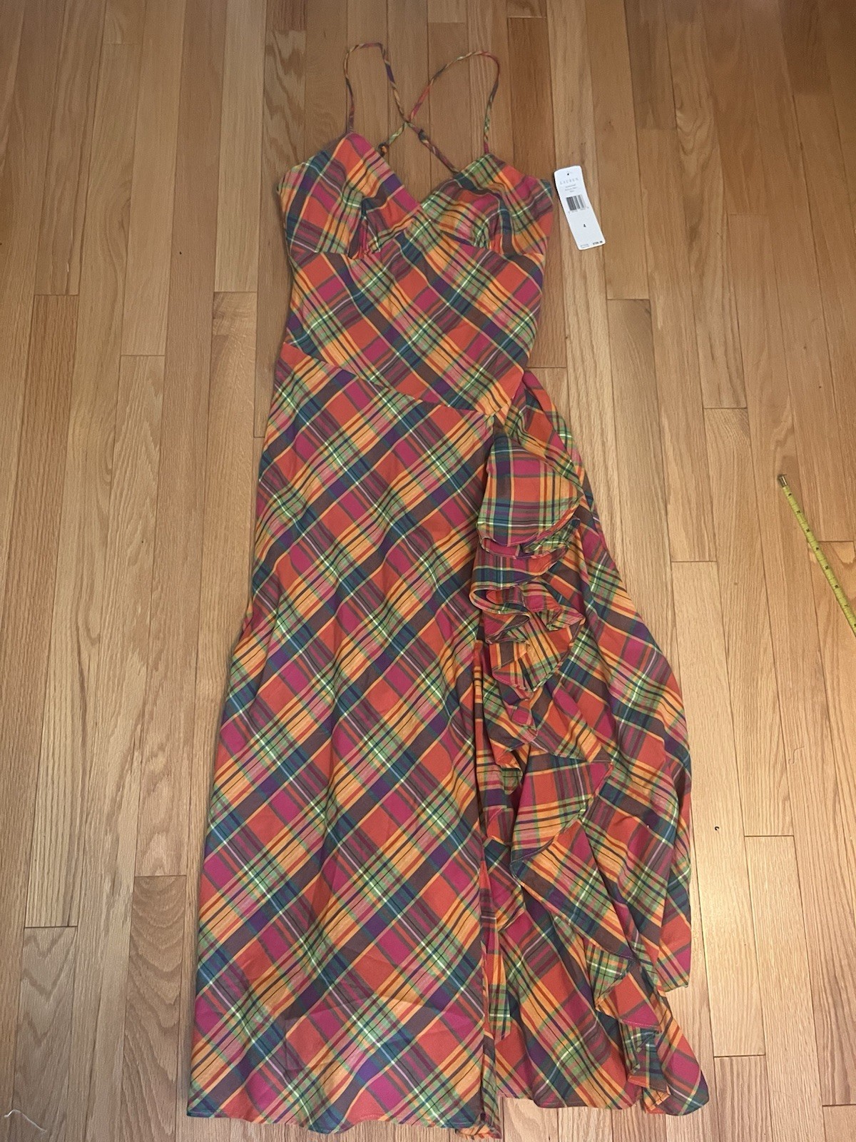 Vintage Lauren Ralph Lauren 4 Plaid Cotton Woven V-Neck Ruffle Maxi Dress