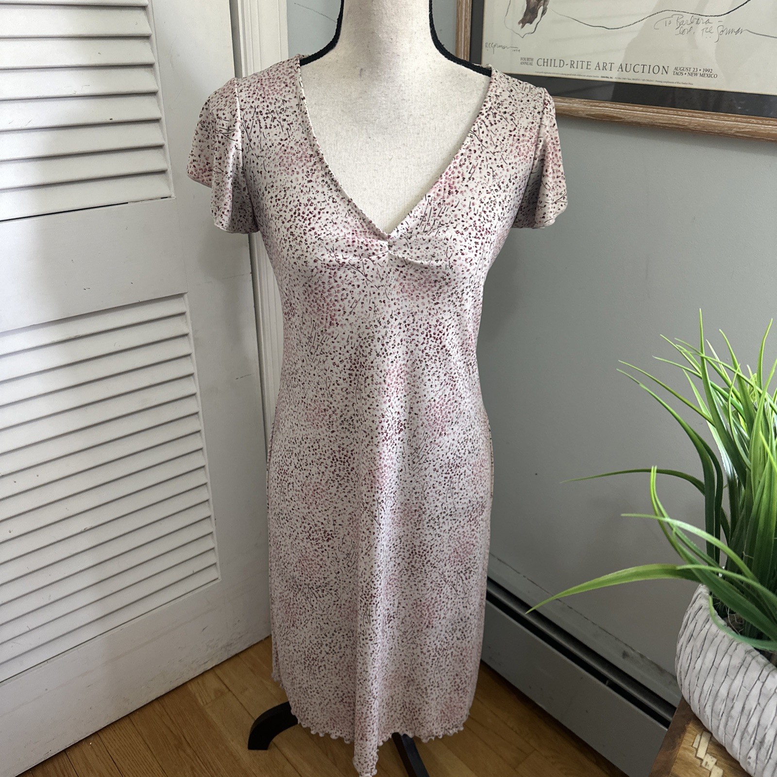 Vintage New York & Co Dress Small Beige Micro Floral Dainty 90s Scalloped Hem