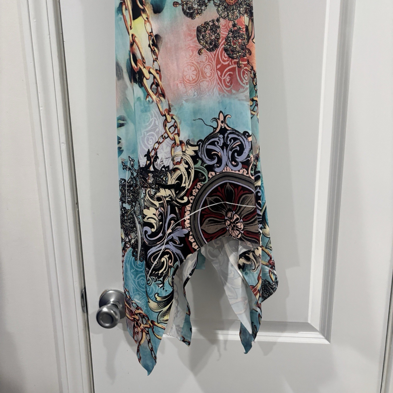 Abstract Multicolor Halter V-Neck Fit & Flare Hi-Low Dress Sleeveless S