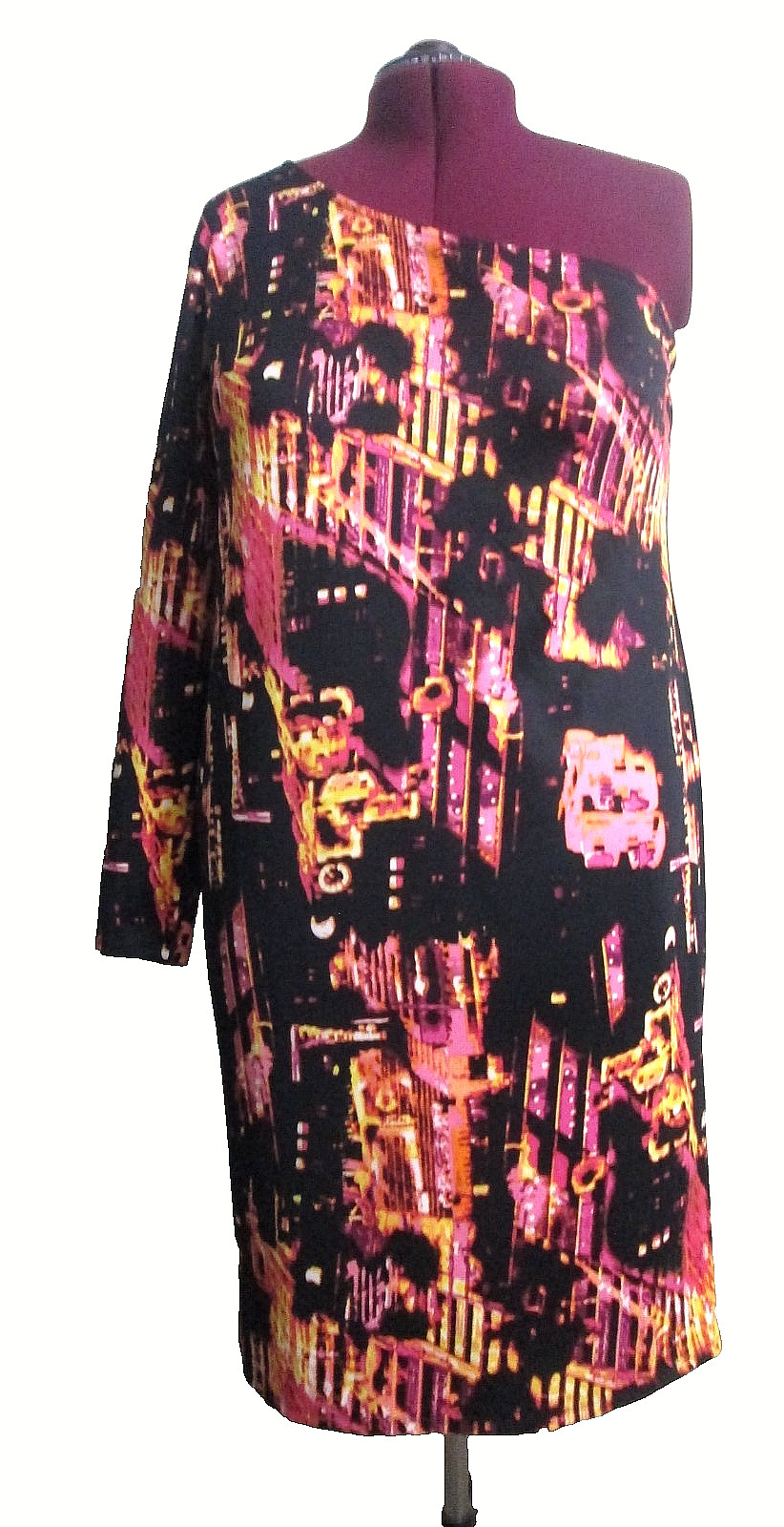 Bold Elements Plus One Shoulder Abstract Print Bodycon Midi Dress 1X Long Sleeve