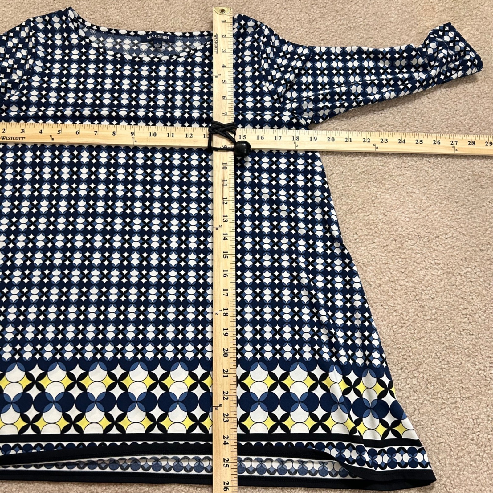 Max Edition Geometric Print 3/4 Sleeve Shift Dress Womens Size S Blu White Yell