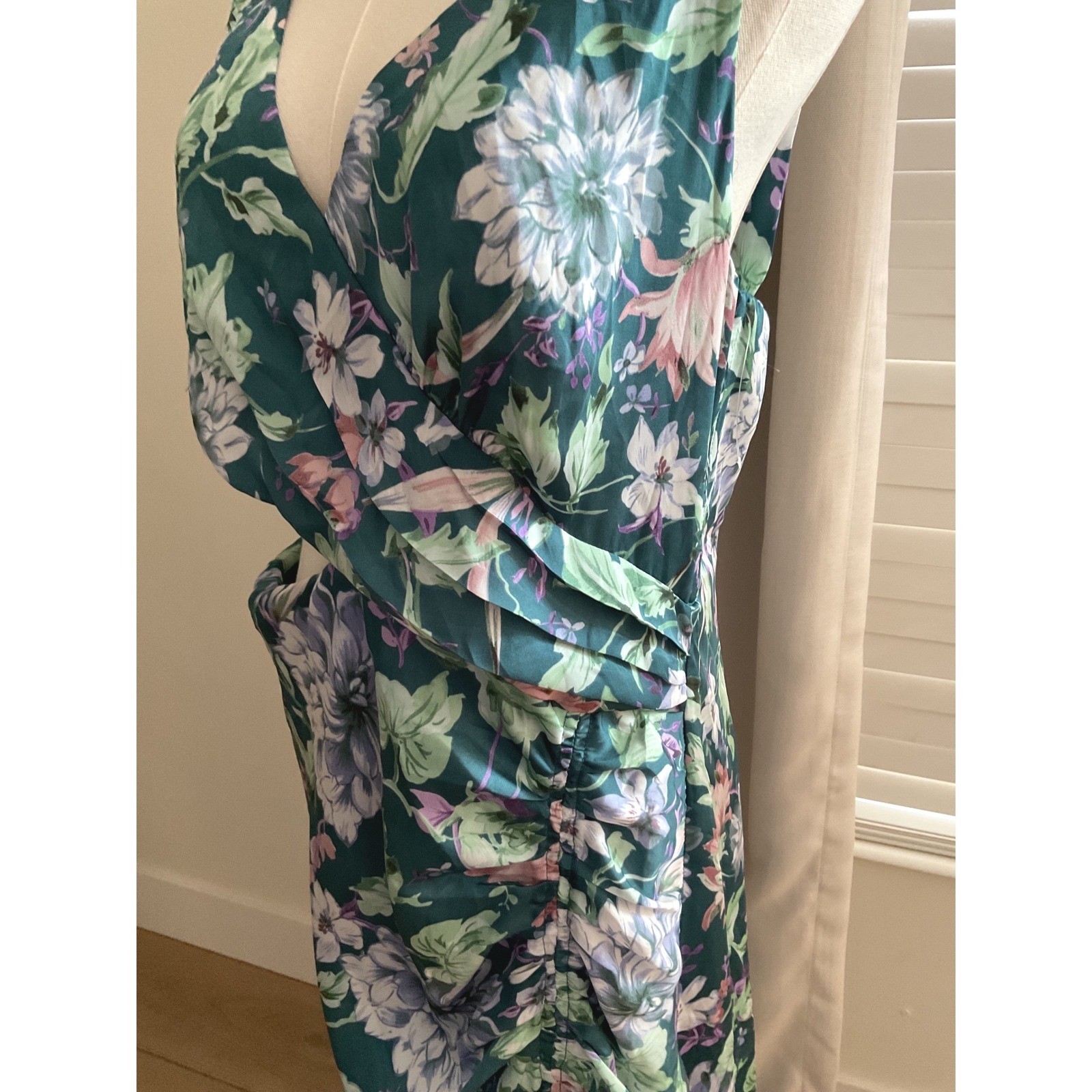 ASTR the Label Teal Floral Pleated Cutout Maxi Dress XL Sleeveless Slit Gown
