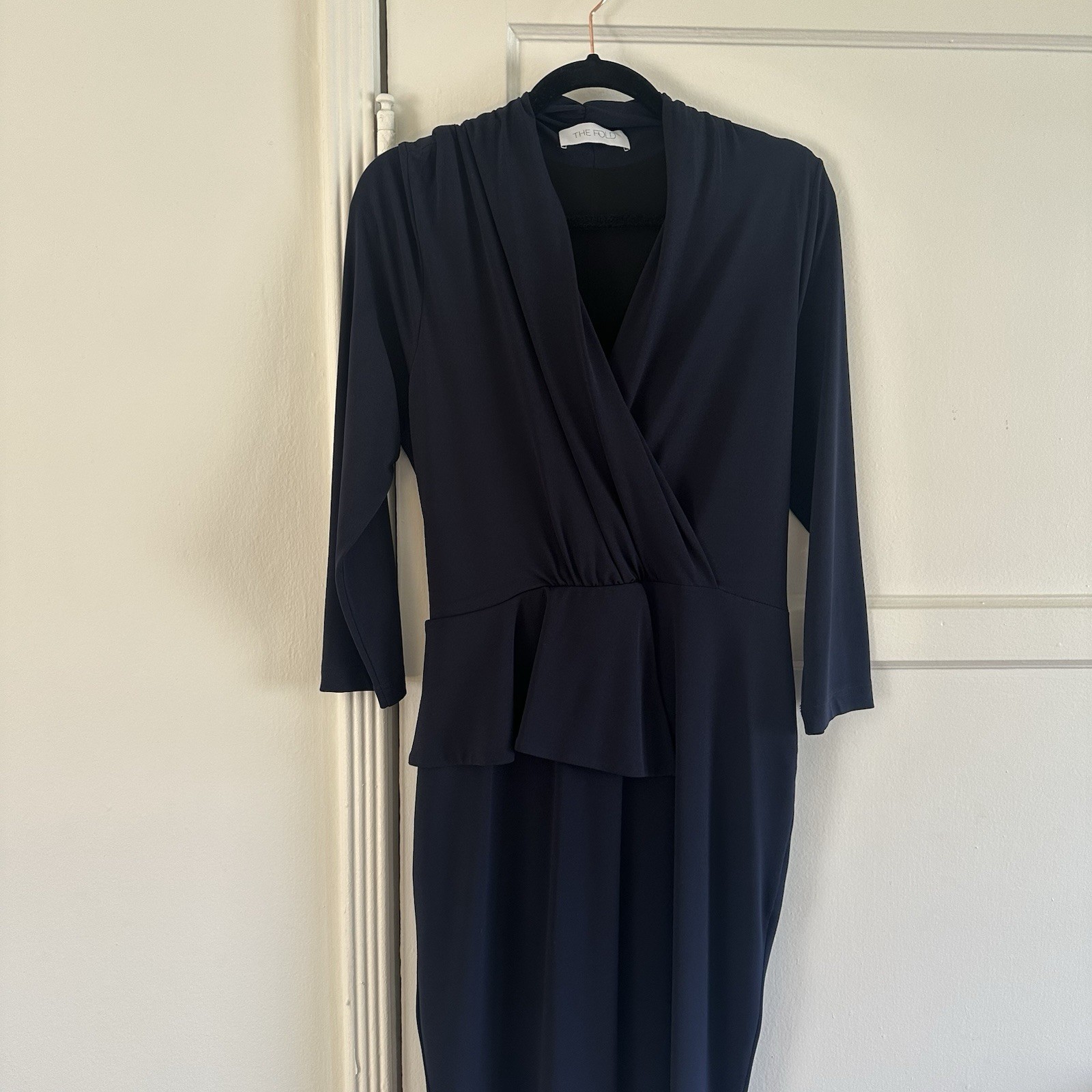 The Fold Navy Midi Sheath Dress Peplum Detail V-Neck Long Sleeve