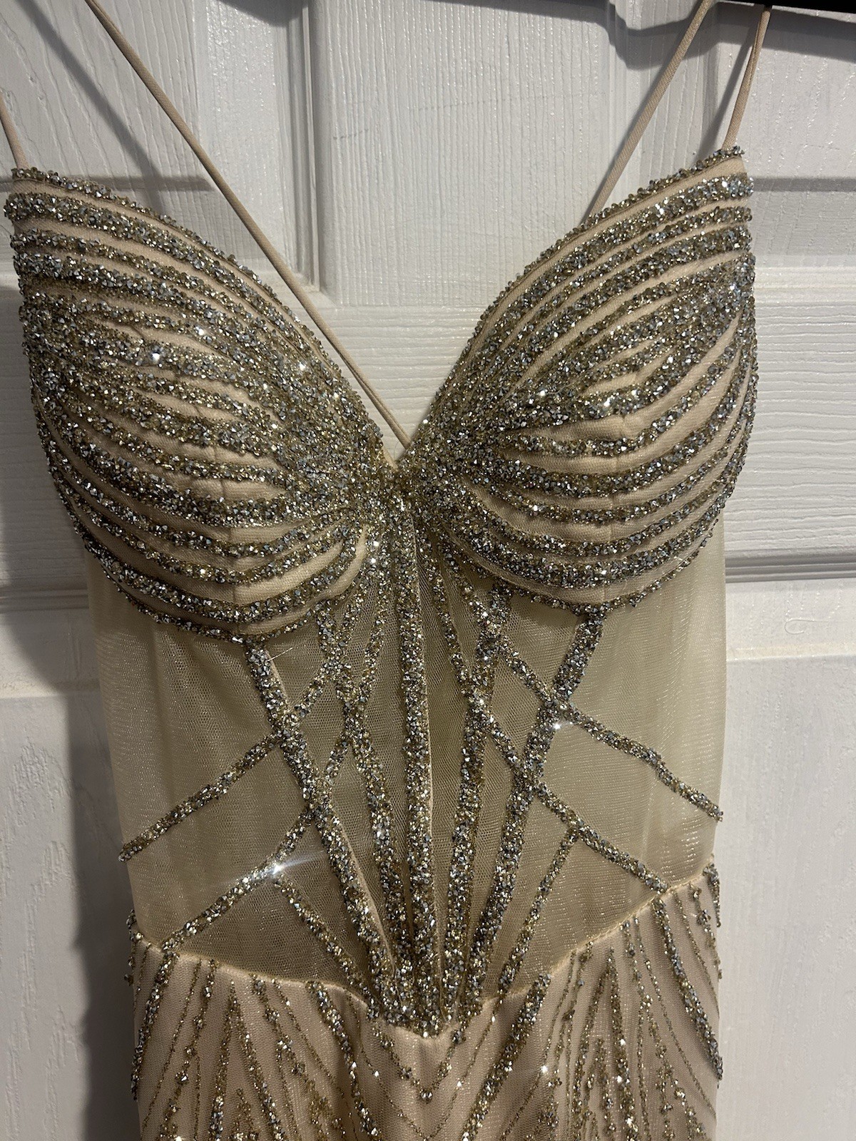 CD Champagne Gold Beaded Sequin Mesh Corset Lace-Up Long Gown Size 0