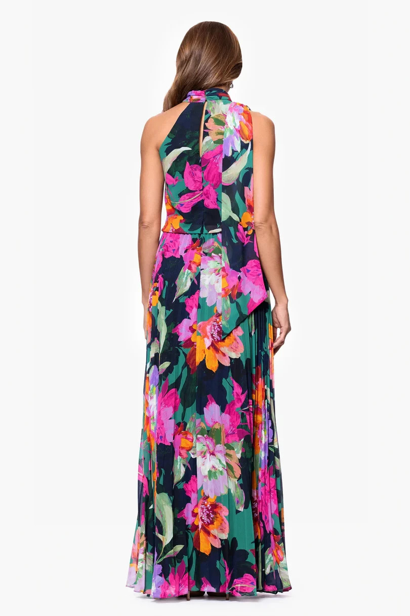Xscape Green Multi Pleated Chiffon Floral Scarf Blouson Maxi Dress Size 10 $259
