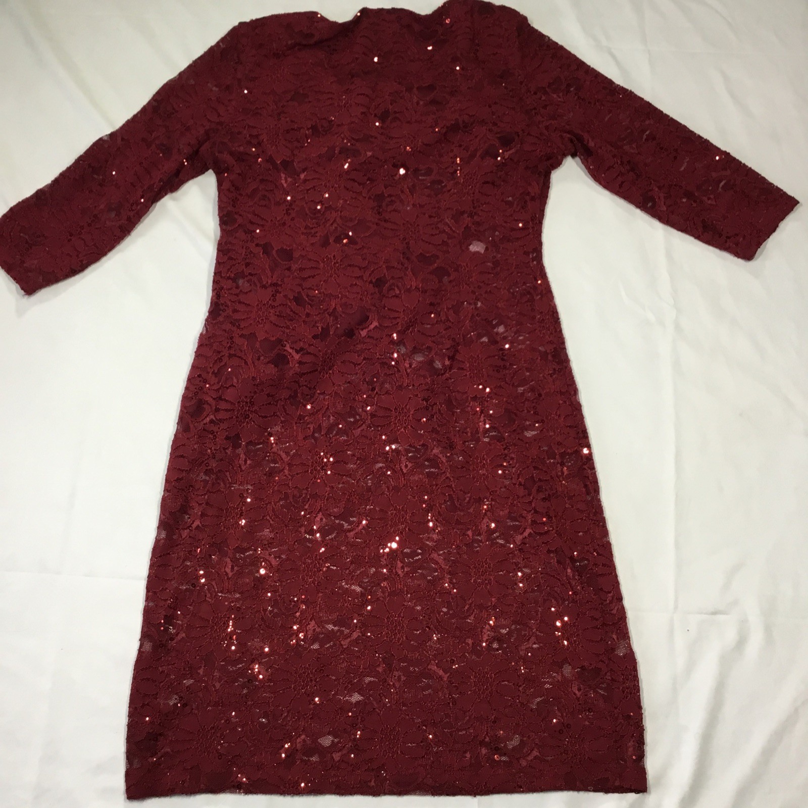 Precis Red Lace Floral Sequin Sleeve Knee Dress UK 14