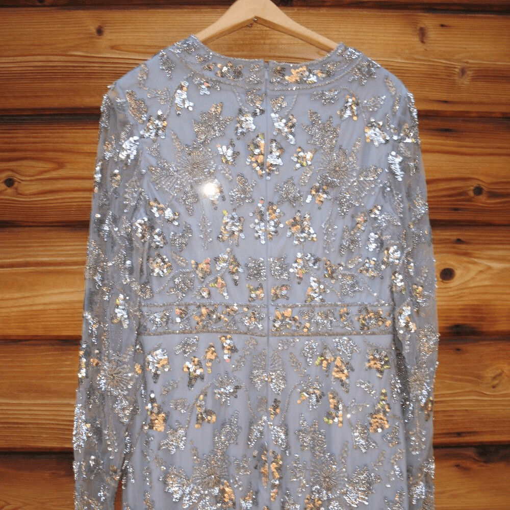 MAC DUGGAL 93939 Womens High Neck Long Sleeve Embellished Column Gown Dress Blue
