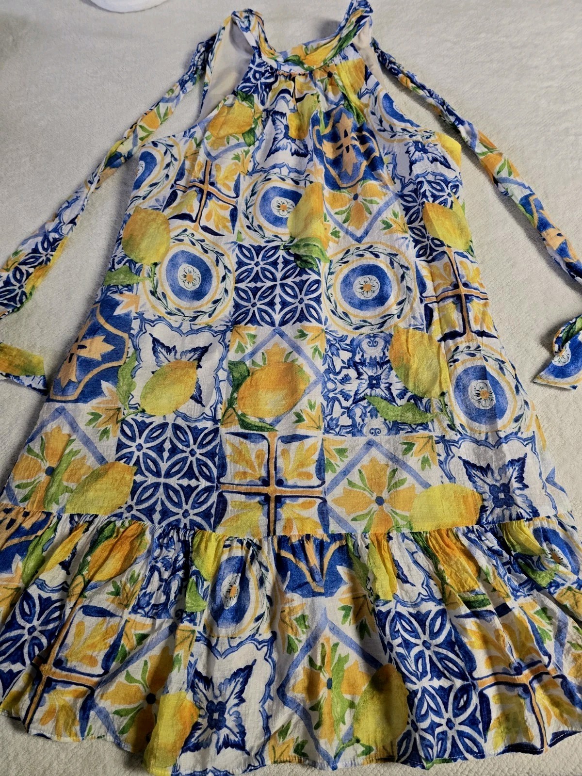 1.STATE Women’s Halter Neck Dress Size M Mediterranean Lemon Tile Print Lined