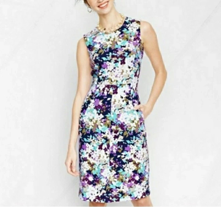 Lands’ End 4 Petite Dress Sleeveless Purple Floral Knee Length Pockets Stretch