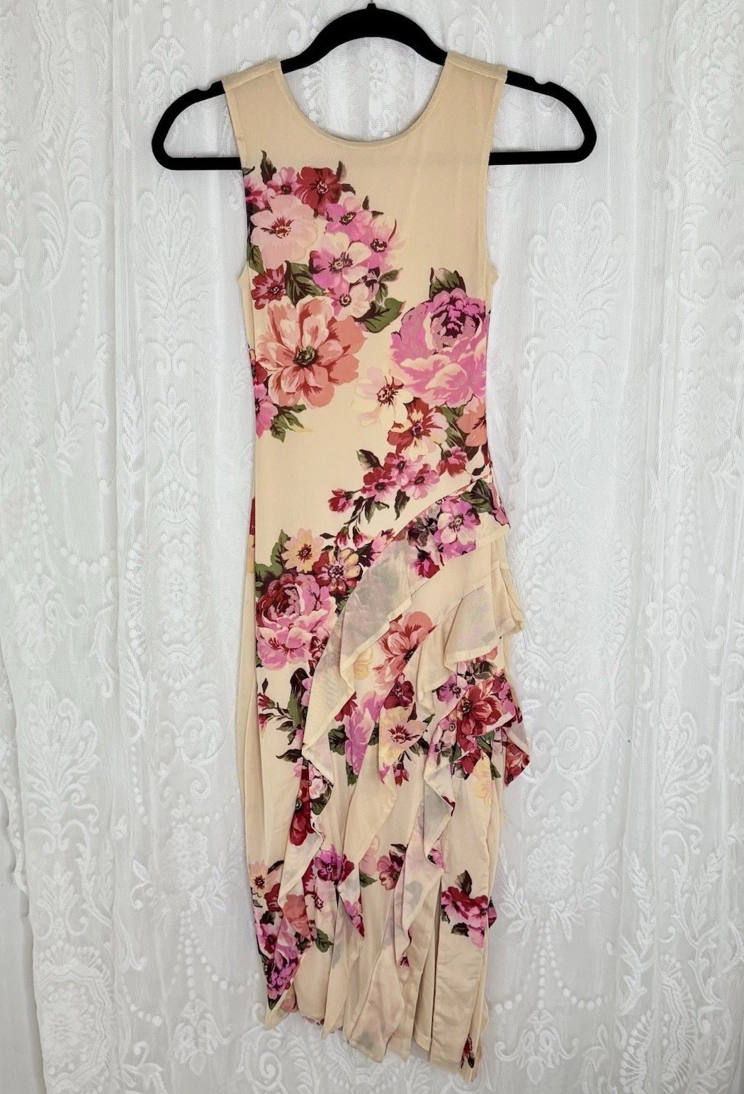 Tinsel Womens XS Beige Floral Asymmetric Ruffle Midi Dress Sleeveless Lined