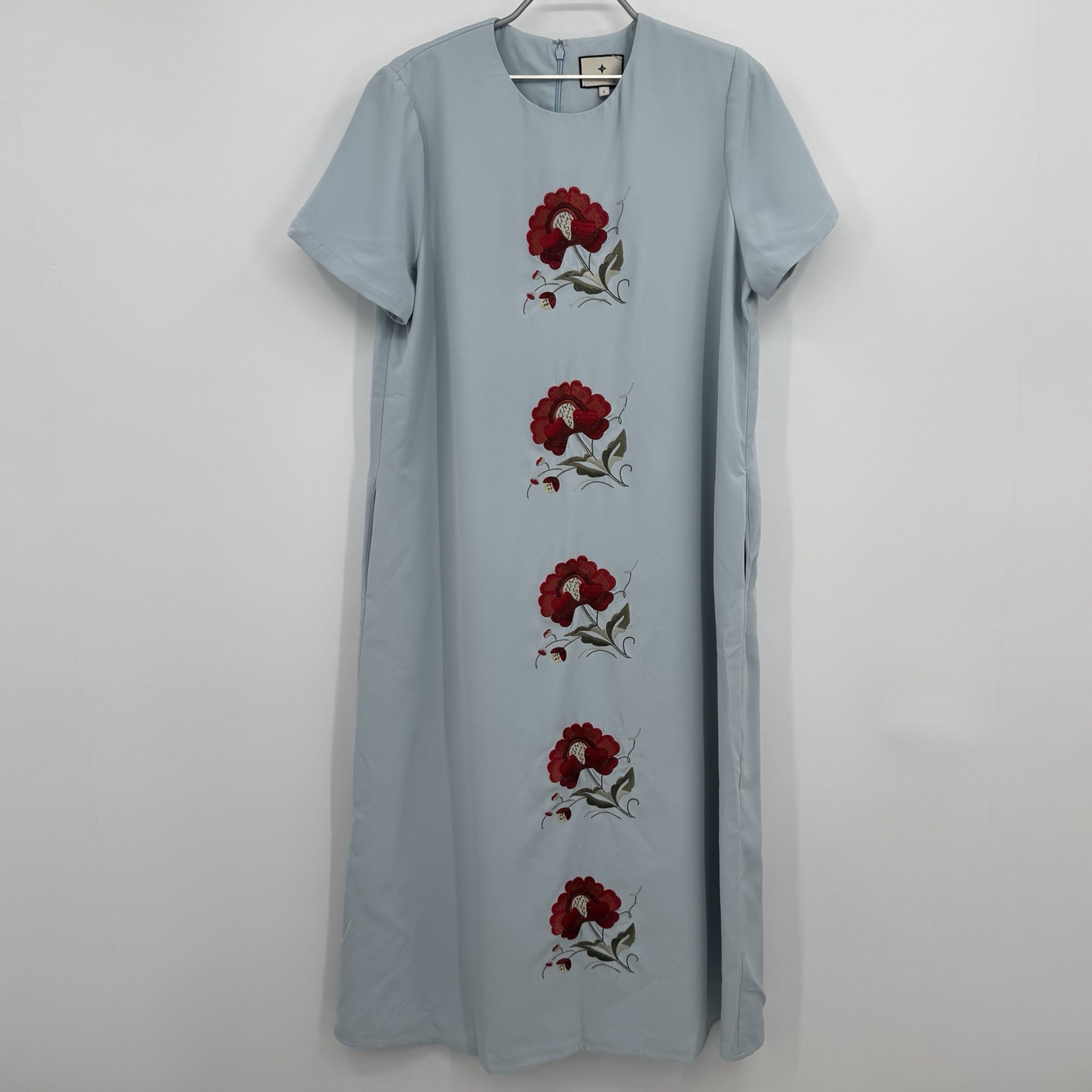 Tuckernuck Sky Blue Embroidered James Dress size L Shift Maxi Short Sleeve PO