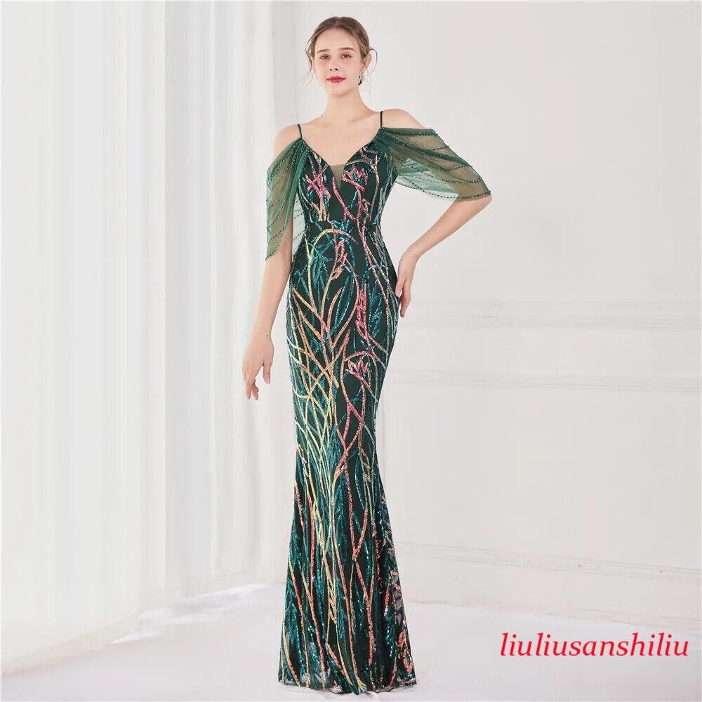 Women’s Wedding Elegant Beading Evening Green Sequin Strap Maxi Long Prom Dress