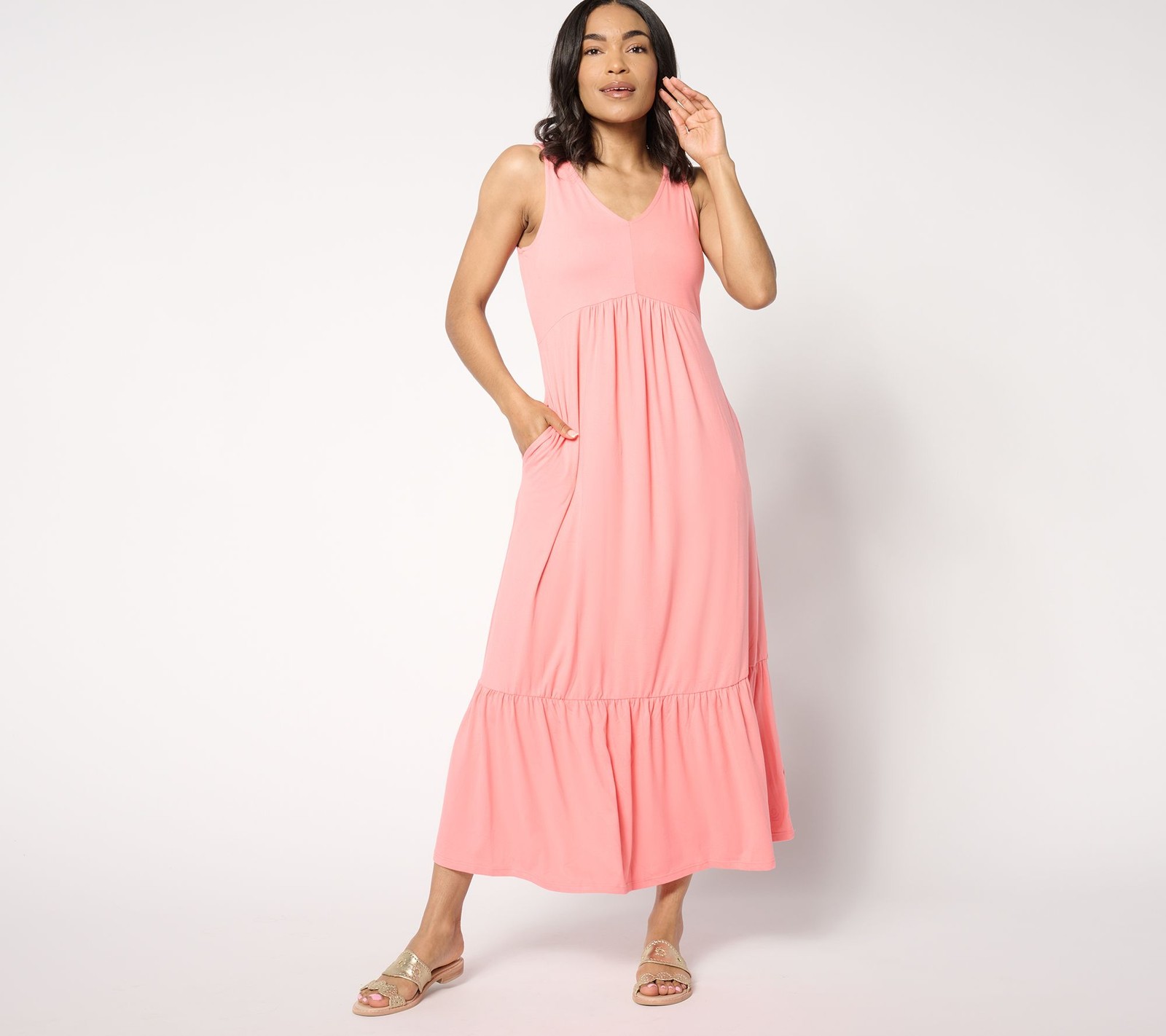 Cuddl Duds Flexwear V-Neck Maxi Dress Shell Coral L New