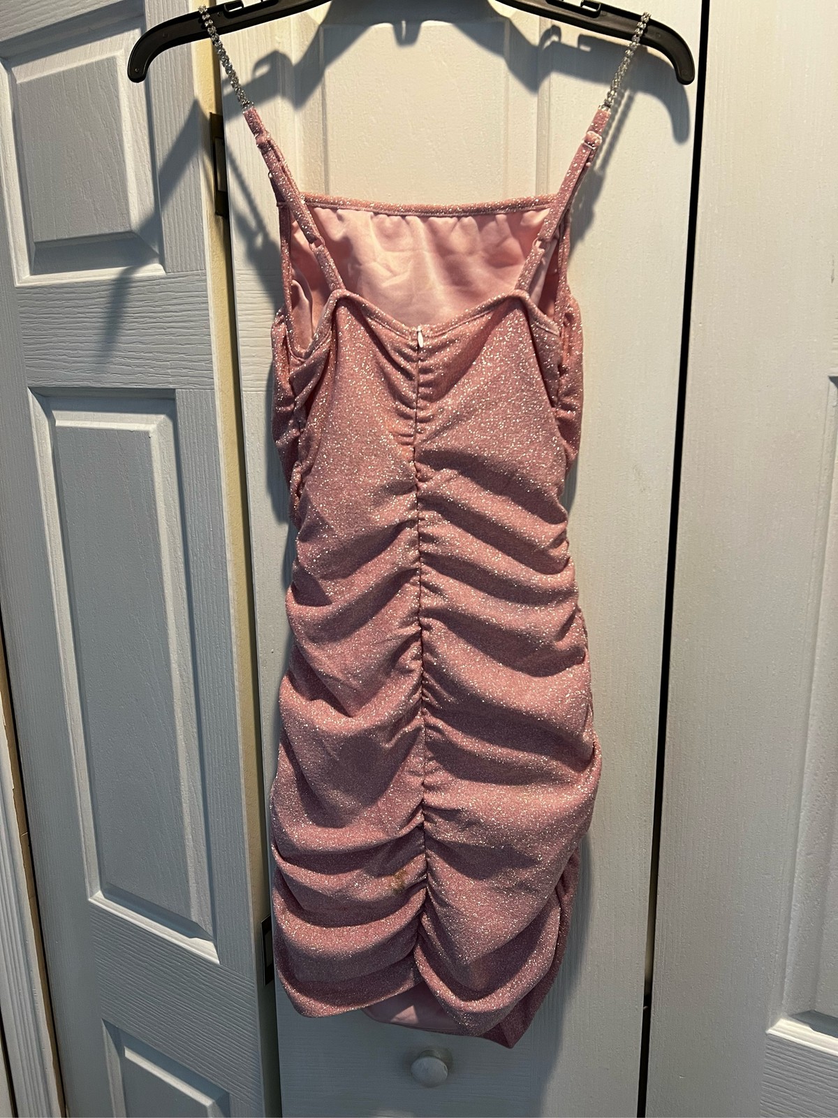 Pink Glitter Ruched Bodycon Mini Dress Rhinestone Straps Party Club