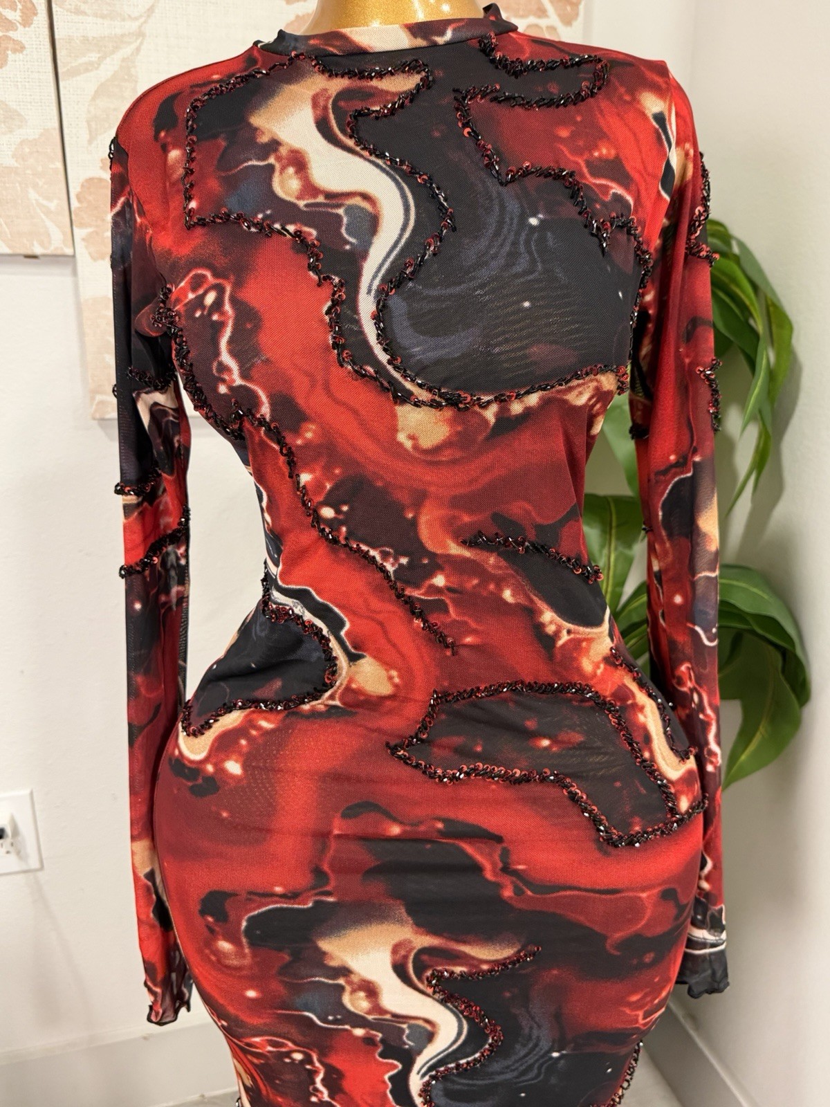 Women’s Mesh Sheer Stretch Beaded Bodycon Maxi Dress S Red/Black Abstract