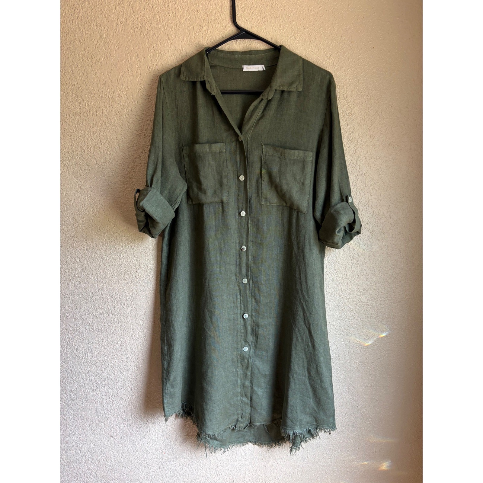 Milio Milano Olive Green 100% Linen Shirt Dress Frayed Hem Made in Italy Small