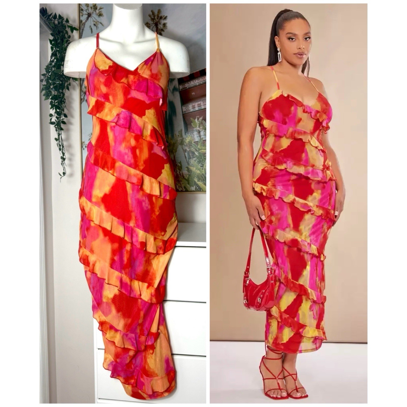 Shein BAE Pink Orange Tie Dye Ruffle Midi Bodycon Dress Curve XL 0XL NWT