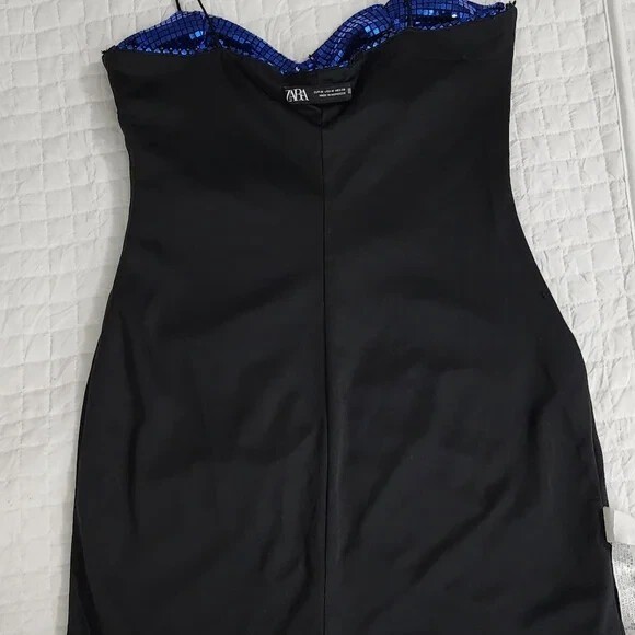 Zara Ink Blue Spaghetti Strap Sequin Ruched Disco Mini Dress 9420/701 Size L