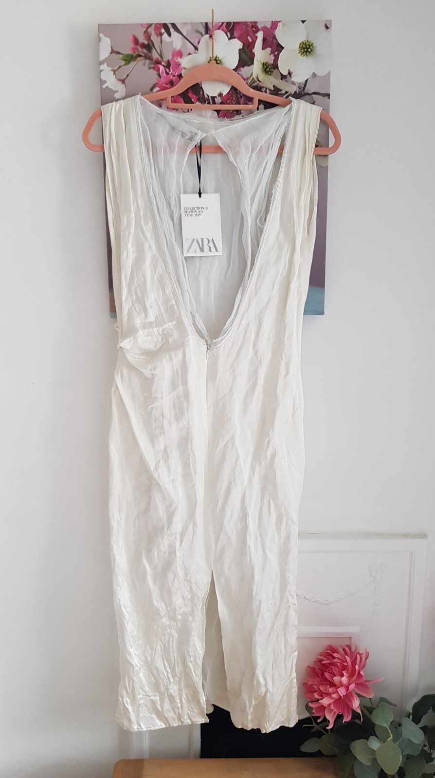 Zara Ivory Creased Satin Midi Dress, UK Size 6-8 XS Tulle Crinkled