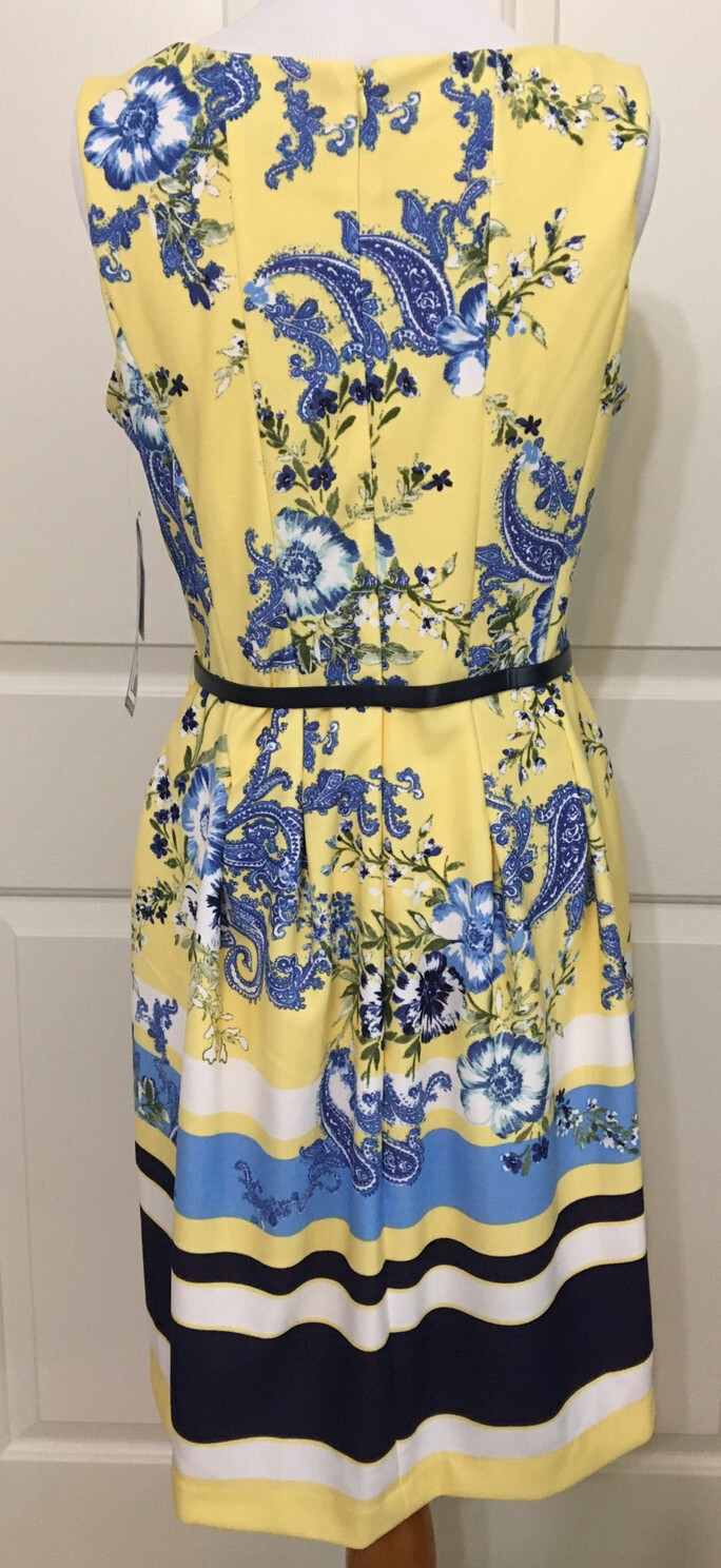 NWT Leslie Fay size 6 yellow blue white floral sleeveless fit and flare dress