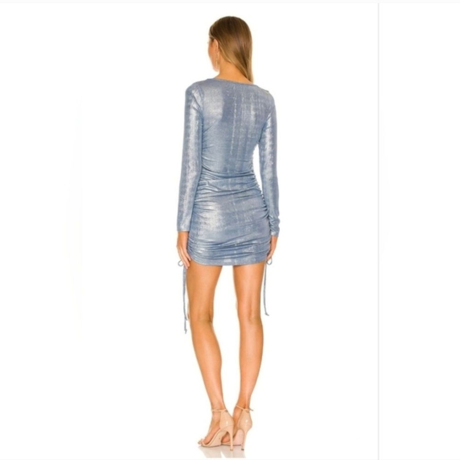 BCBGeneration Shimmering Silver Blue Bodycon Mini Dress With Drawstrings – New
