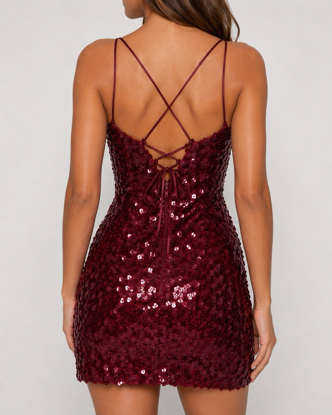 Women’s S Burgundy Solid Sequin Bodycon Mini Dress V-Neck Strappy Backless Tie