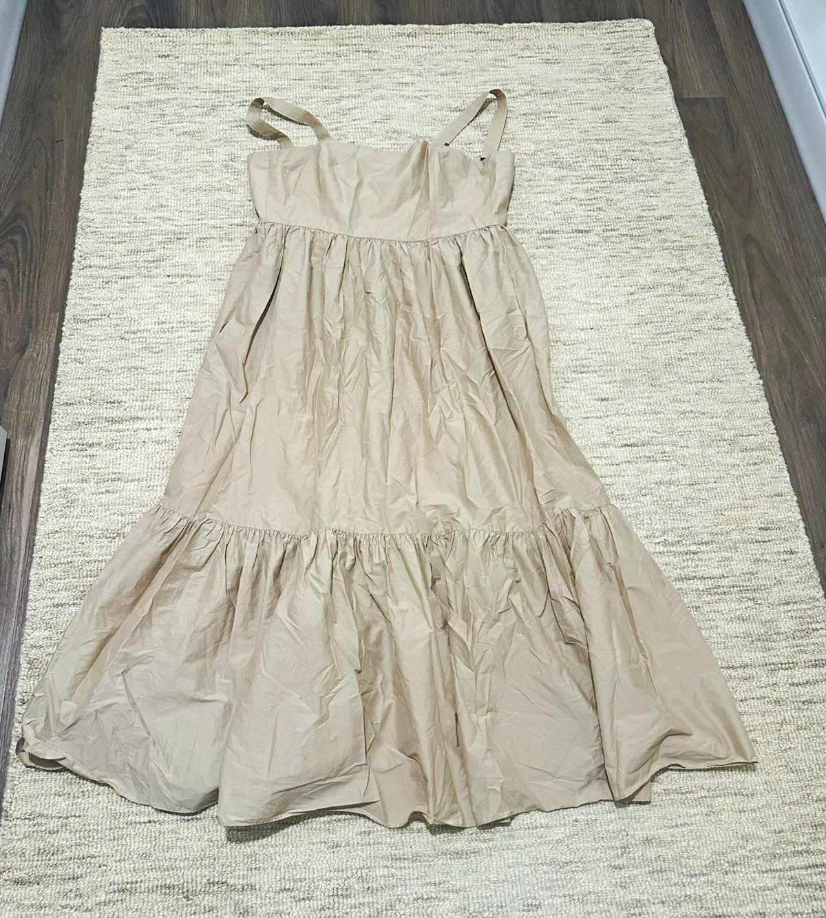 Theory Women’s 4 Beige Solid Poplin Midi Dress Sleeveless Straps V-Neck