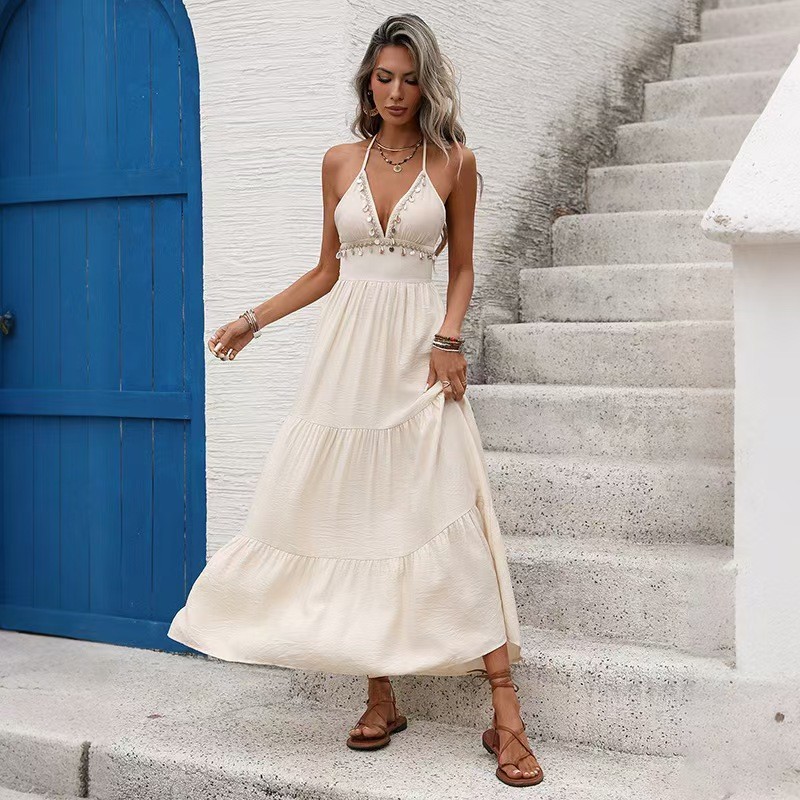 Women’s Beige Halter V-Neck Backless Tassel Tie Maxi Dress Size M
