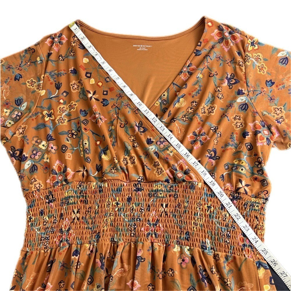 Canyon Retreat Mesh Cottagecore Modest Flutter Sleeve Dress Copper XL Floral