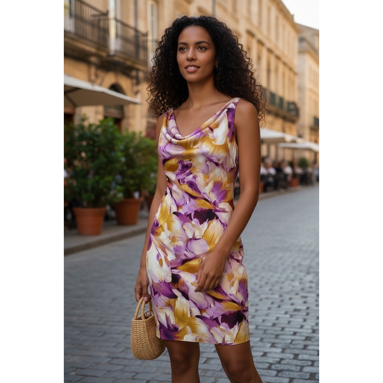 NWT Jones New York Collection Floral Sheath Dress Size 10 Purple Gold Cowl Neck