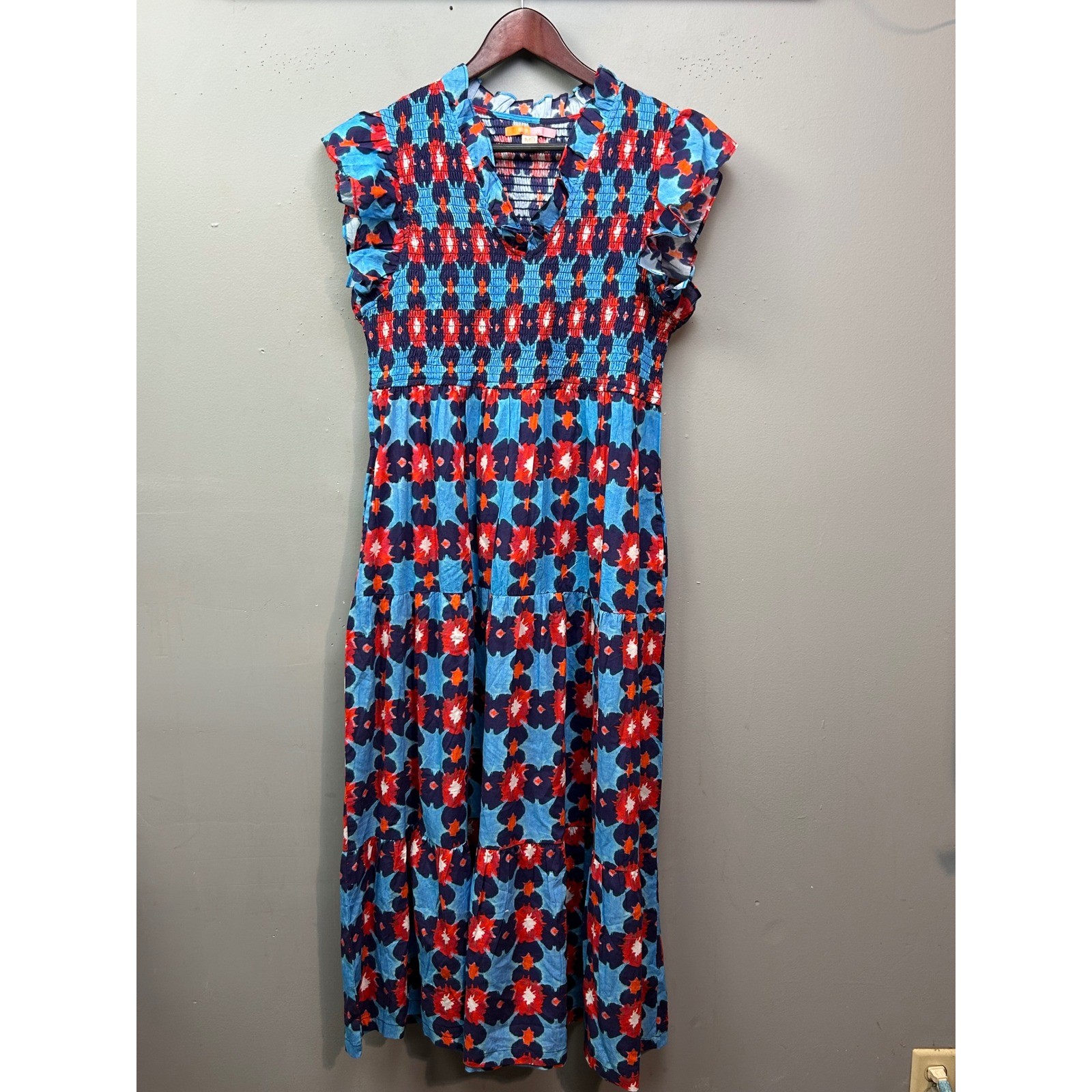 Briton Court Dress Womens MD Blue Red Cotton Smocked Tiered Maxi Floral Pockets