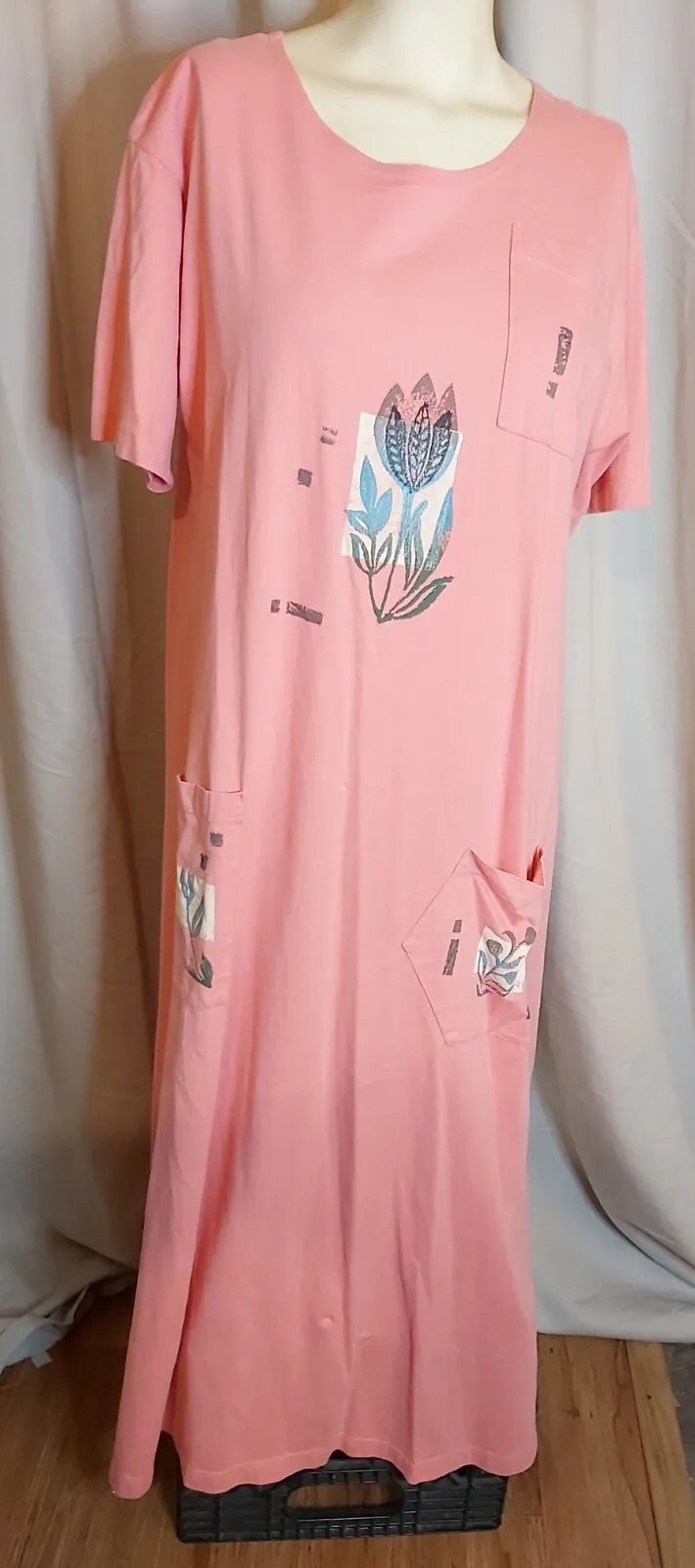 VTG LIRA Peach Tshirt Dress Beach Cover-up Pockets Floral Print Cotton Sz Med
