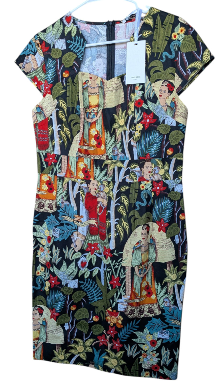 NEW GRACE KARIN Women’s Frida Kahlo Print Sheath Dress Pinup Retro Art To Wear L