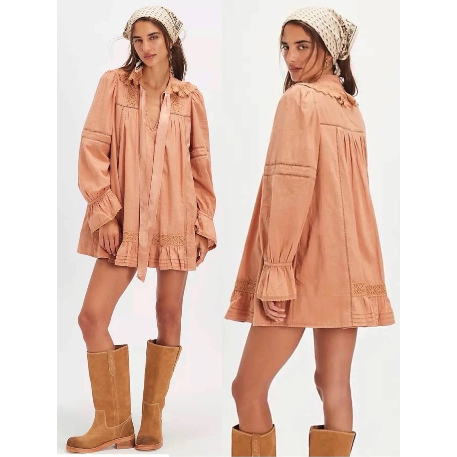 Free People Dainty Cottage Crochet 5 O’clock Tea Time Mini Dress Neutral Tan XL