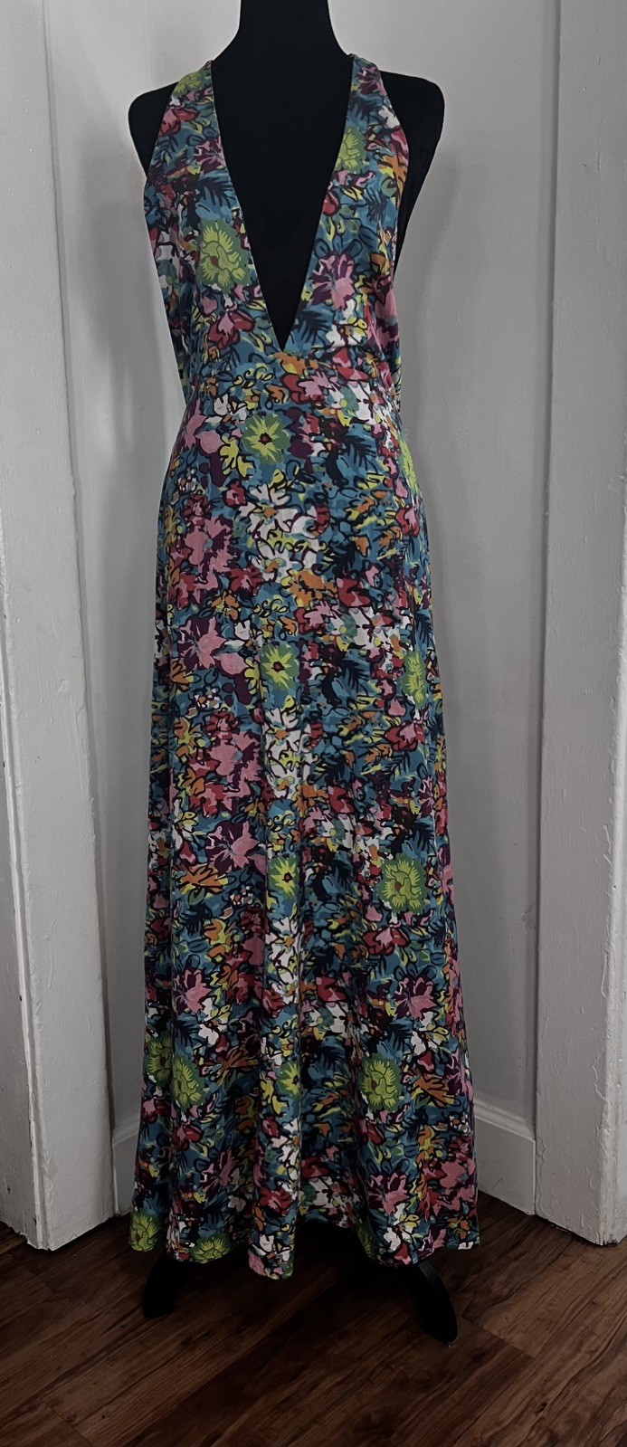 Free People Retro 60s 70s Floral Psychedelic Saffron Halter Maxi Dress Medium