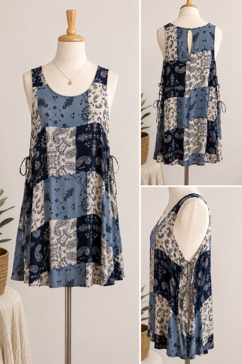 Vintage Havana Boho Patchwork Paisley Swing Dress Blue White Sleeveless Size S