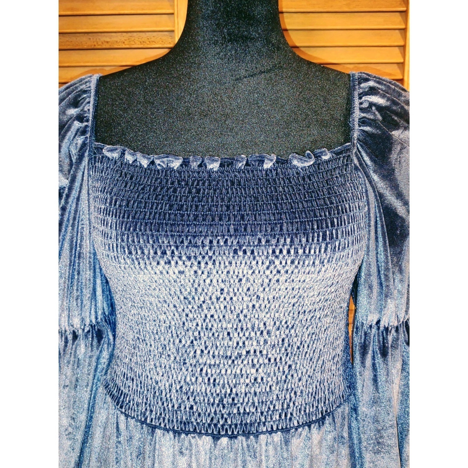 Velvet Milkmaid Smocked Square Neck Peasant Puff Sleeve Mini Dress – Blue XL