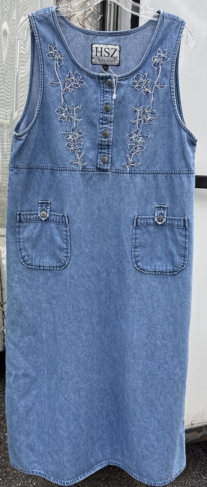 Vintage HSZ Studio Dress Large Long Sleeveless Blue Chambray W/White Embroidery