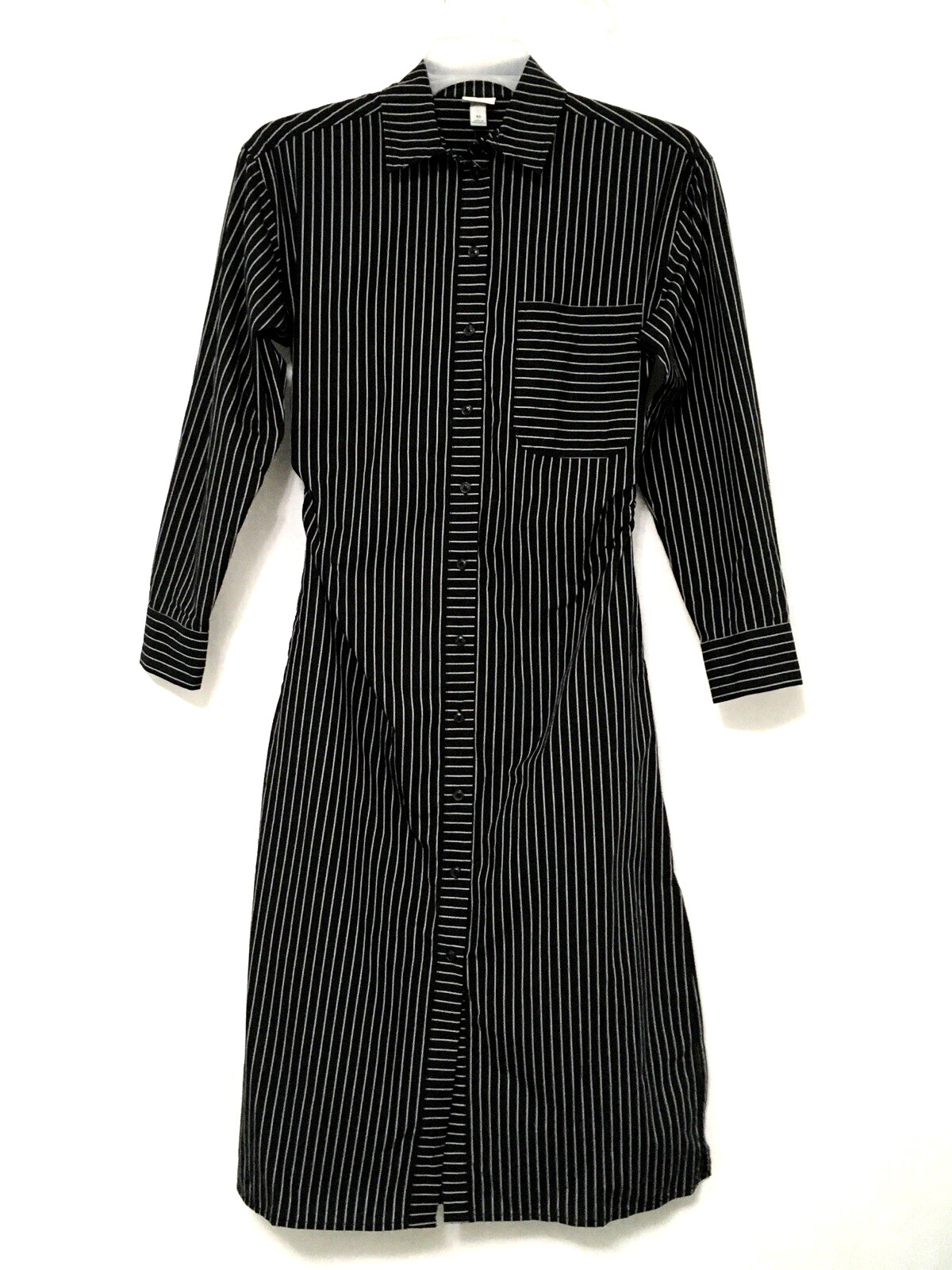 A New Day XS Black White Stripe Versatile Long Sleeve Midi Shirtdress w/ Pockets