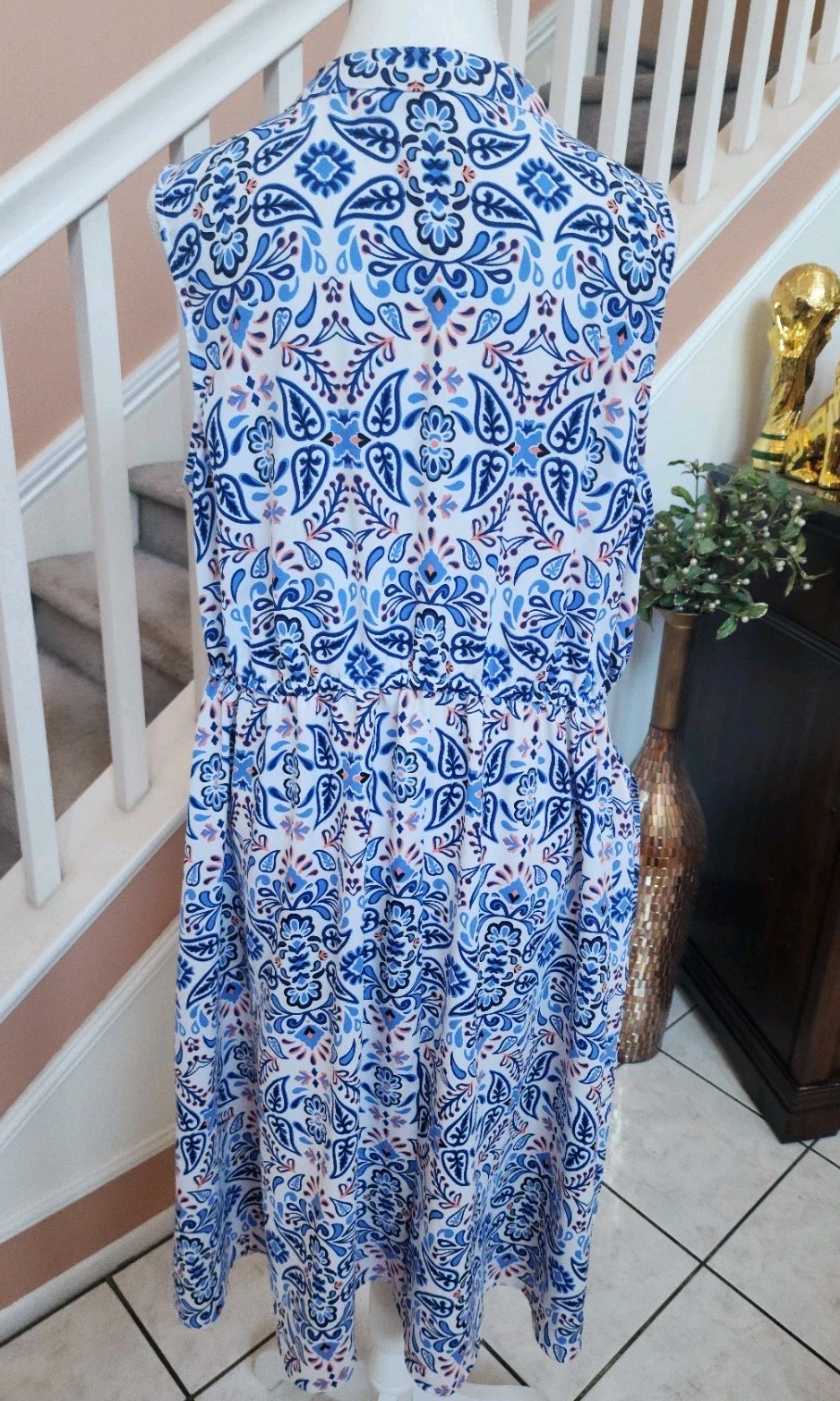NWOT CROFT & BARROW Blue Floral Notch Neck Belted Sleeveless Shirt Dress Sz PXL