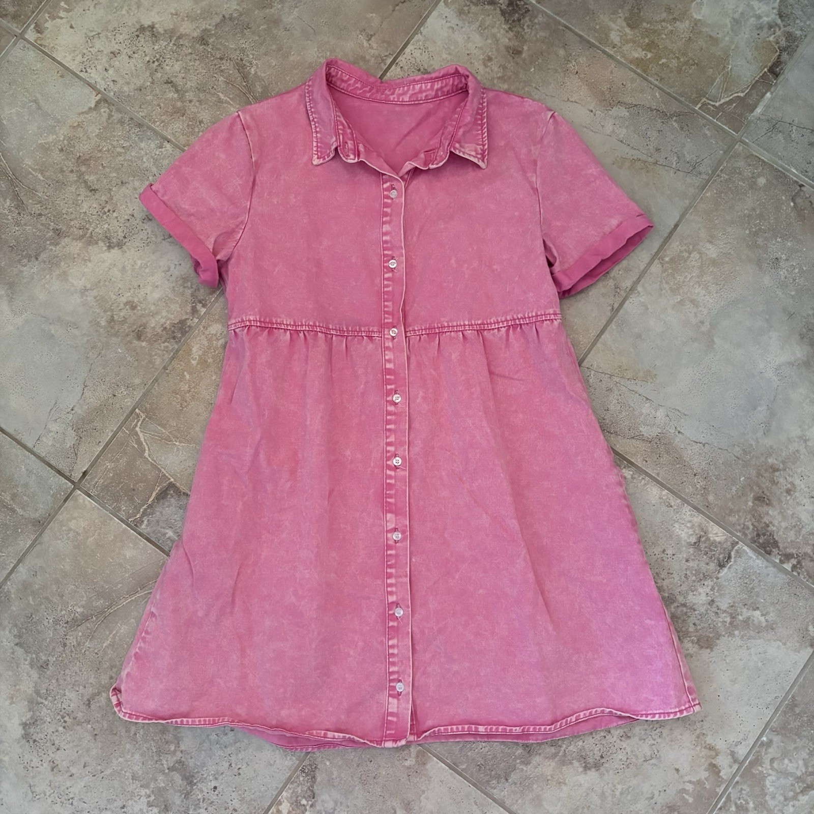 Button Up Pink Denim Tiered Dress Medium Babydoll Collared Distressed Barbie 90s