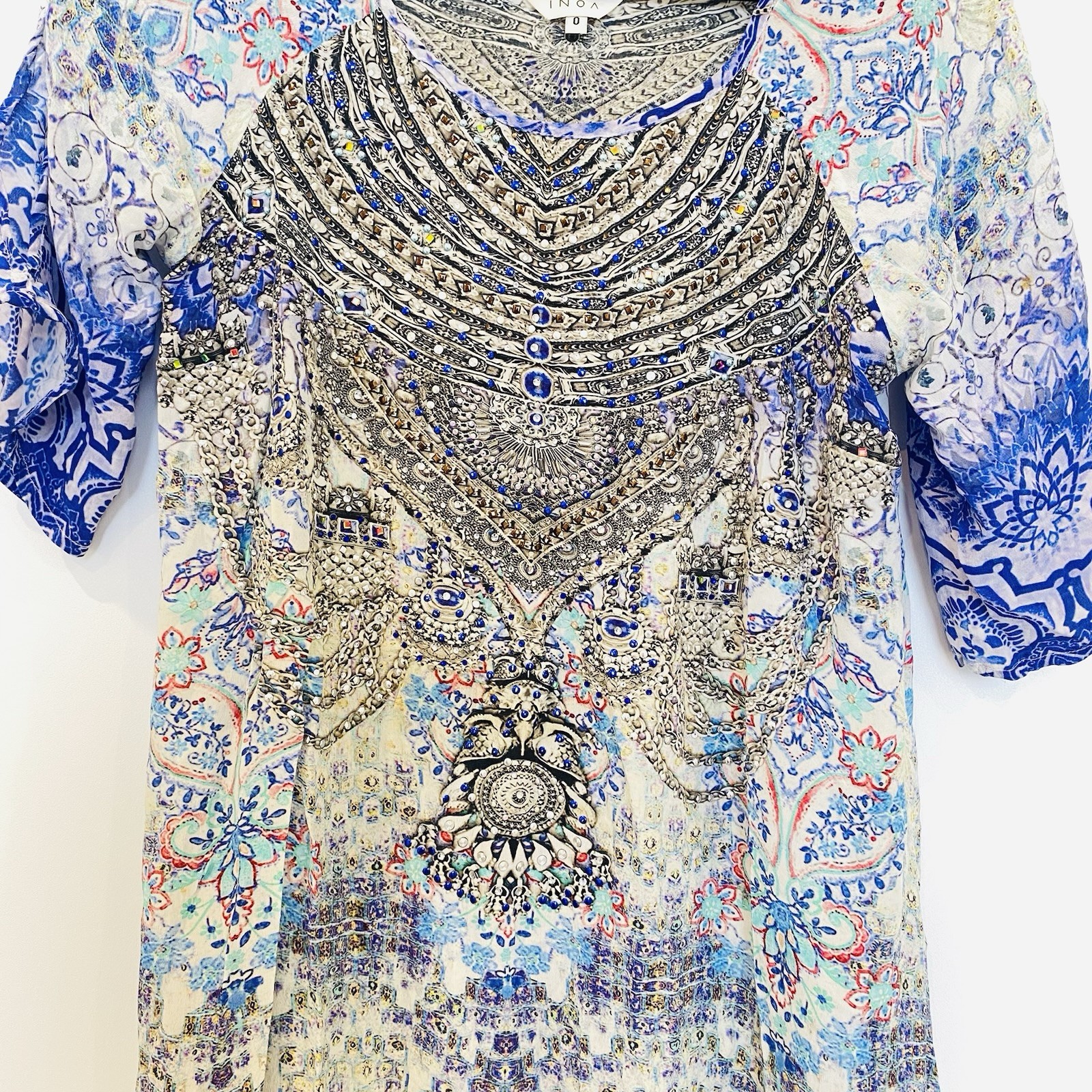 INOA 100% Silk Size 0 Blue Green Jewelled Aztec Patterned Kaftan Dress Boho