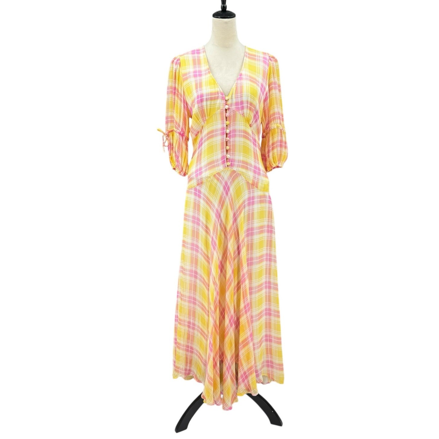 Ghost London S Megan Yellow Pink Tartan Plaid Chiffon Barbie Spring Midi Dress