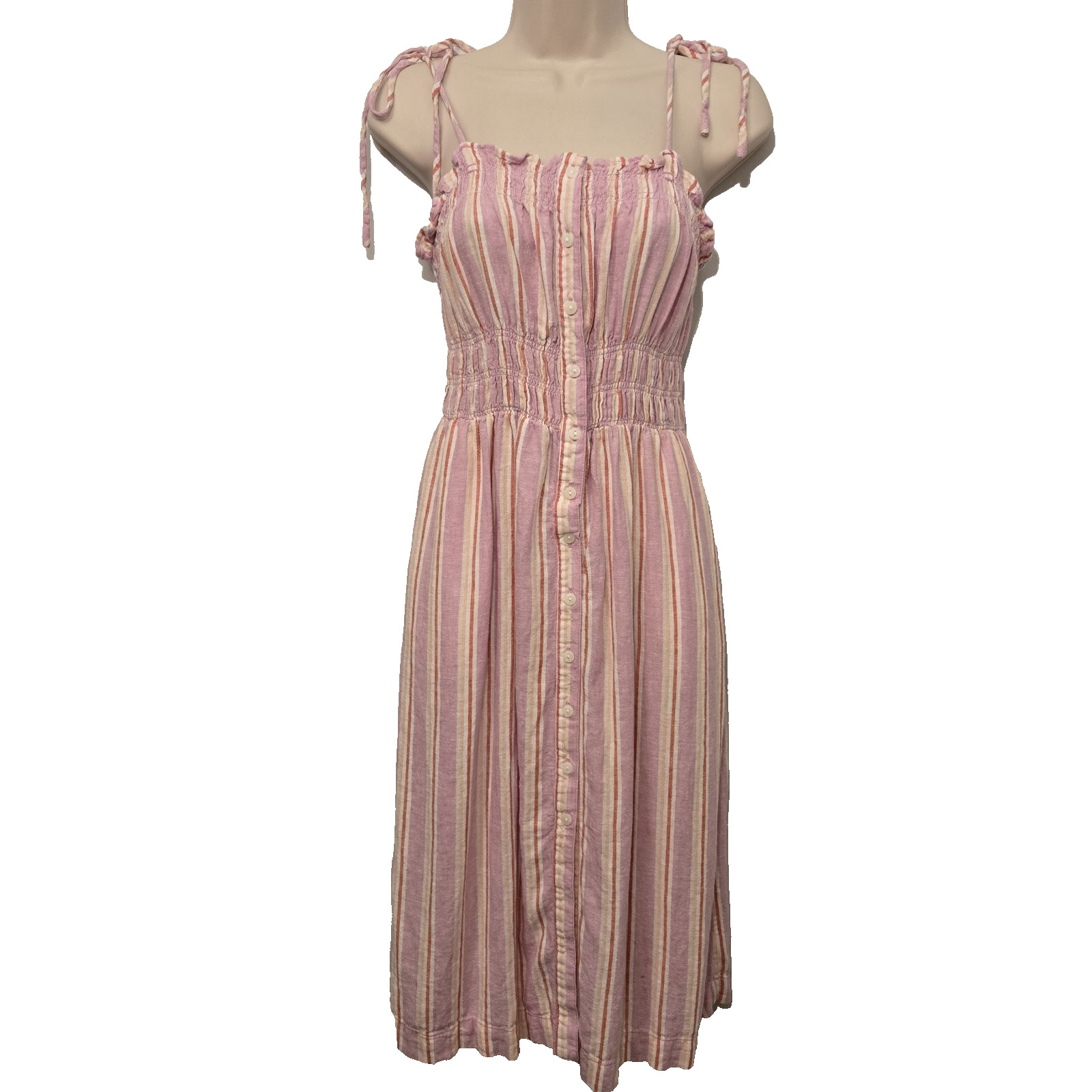 Pink Striped Smocked Linen Blend Midi Dress Tie Shoulder Button Summer Beach S