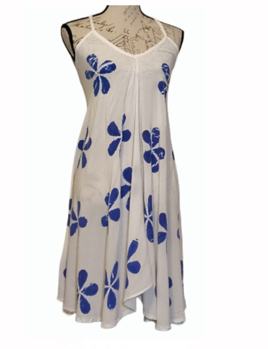 India Botique White Blue Tropical Floral A-line Sundress OS Rayon Resort Wear