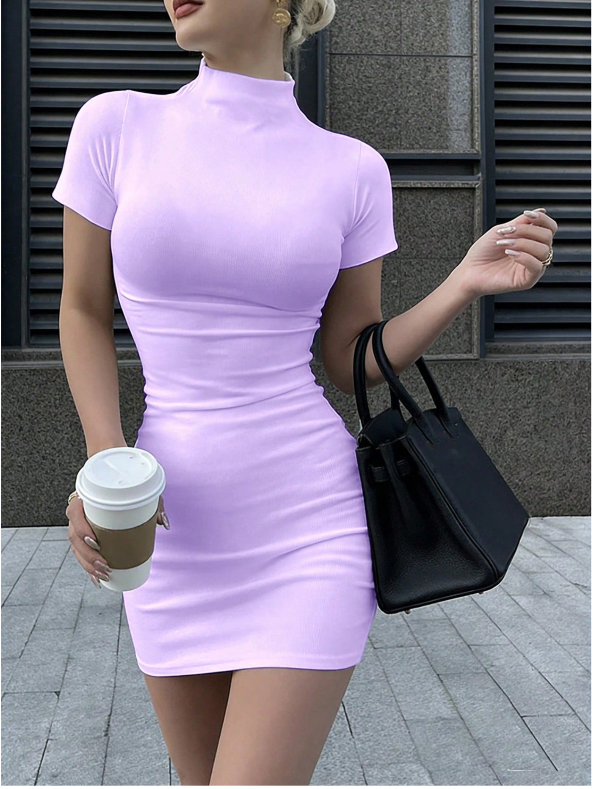 Women’s Elegant Solid Color Stand Collar Fitted Mini Dress, SummerSz XS S M L XL