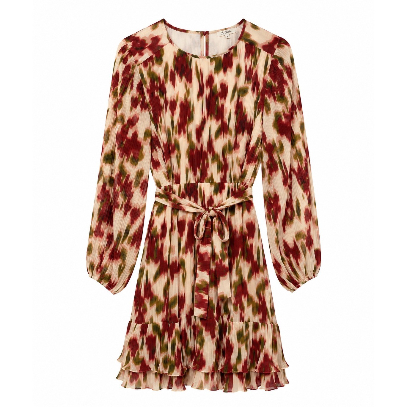 Les Serein Sofia Red Abstract Plisse Long Sleeve Mini Dress Large NWT