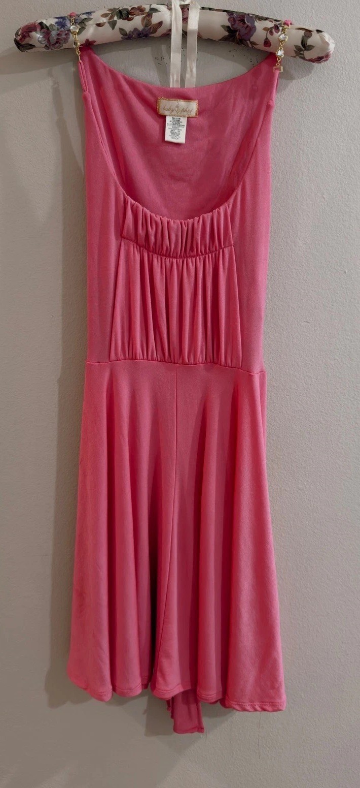 Y2K Baby Phat Pink Mini Dress Rhinestone Chain Strap Gathered Tie Back Small NEW