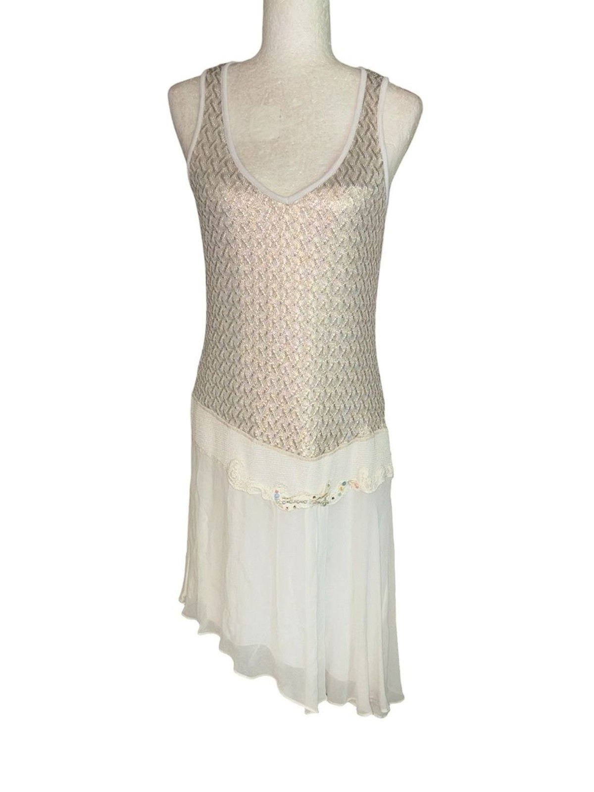 LN Elisa Cavaletti Ivory Metallic Gold Crochet Beaded Asymmetrical Dress – L